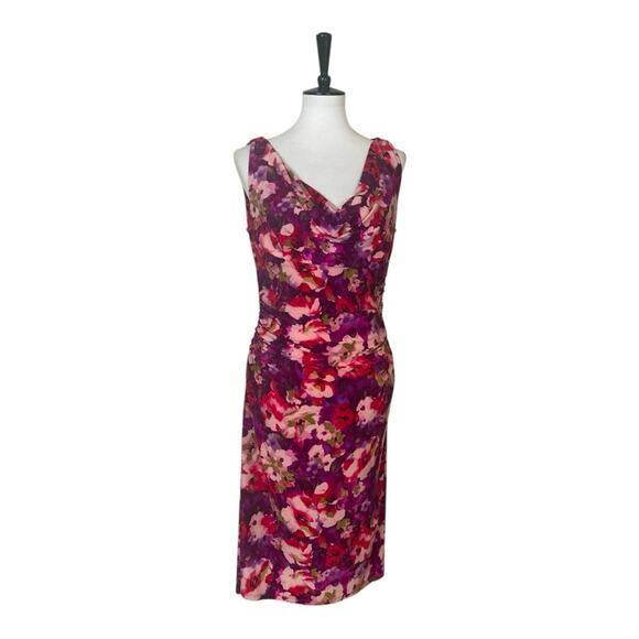 Lauren Ralph Lauren Dress Drape Neck Shirred Link Purple Floral Women’s Size 12 - Picture 1 of 14